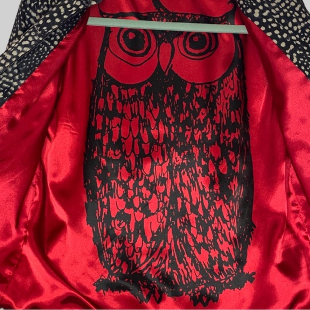 Chico's Animal Print Zip Front Jacket Red Satin Owl Graphic Lining Size 1 Medium - Picture 4 of 8